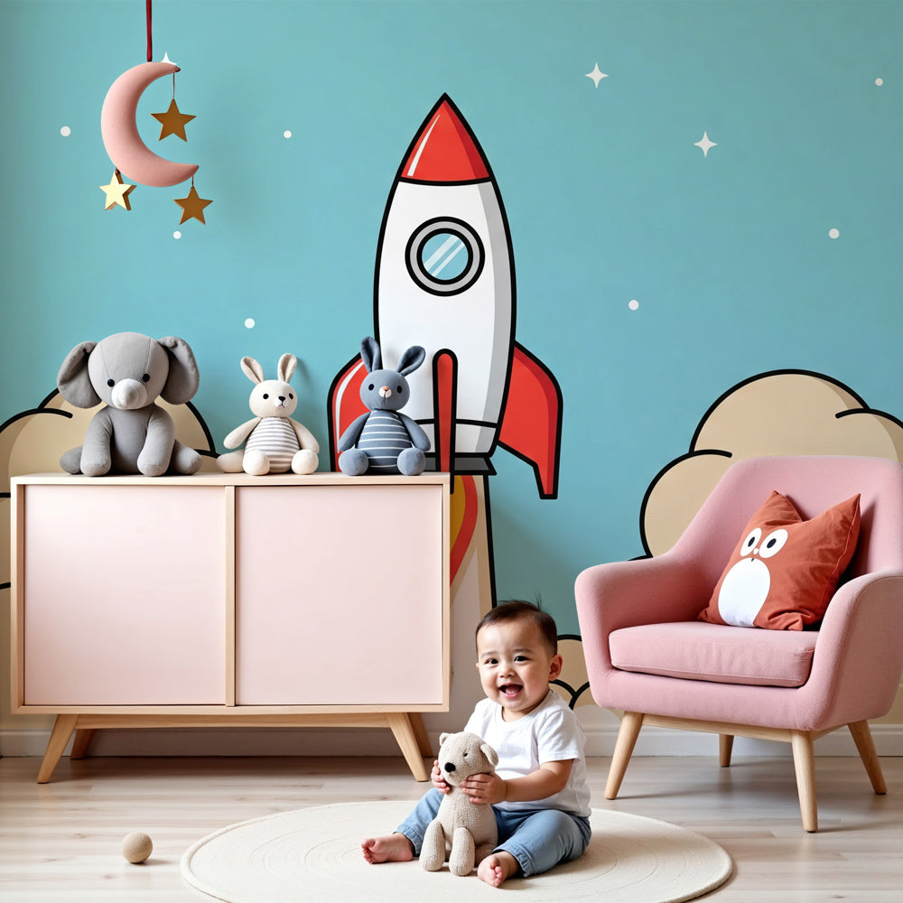 Space rocket mural wallpaper creating galactic adventure nursery decor by Kids-Mundo