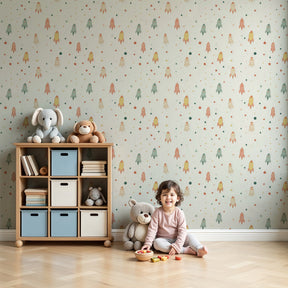 Space rocket mural wallpaper decorating modern nursery with colorful rockets and stars by Kids-Mundo