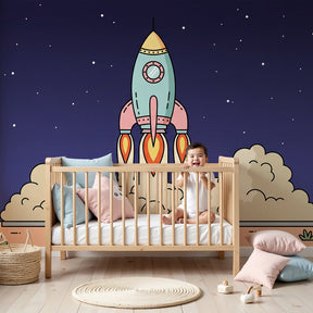 Space rocket mural wallpaper creating cosmic adventure theme in modern kids nursery by Kids-Mundo