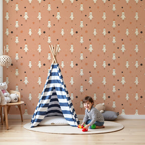 Pink space rocket mural wallpaper in modern nursery with cosmic galaxy theme by Kids-Mundo