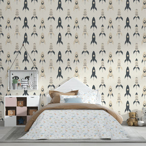 Vibrant rocket mural wallpaper transforming colorful kids playroom space