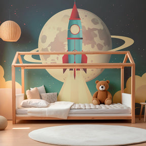 Space rocket wallpaper with planets transforming children's playroom into cosmic adventure