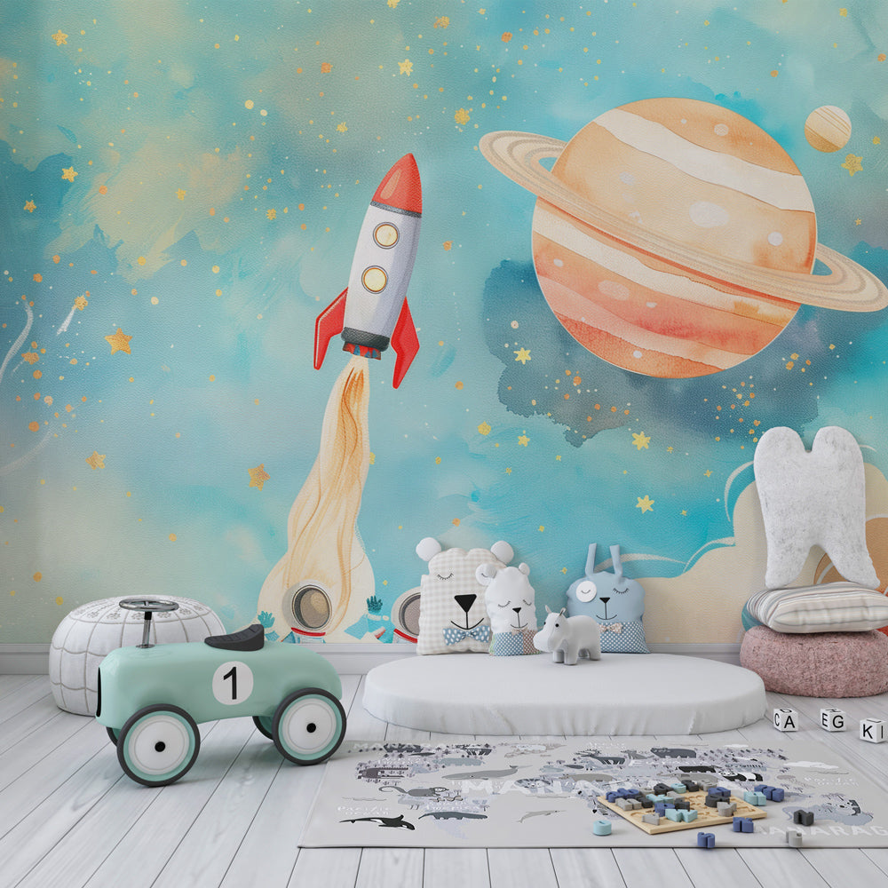 Cosmic adventure playroom with watercolor space rocket mural wallpaper by Kids-Mundo