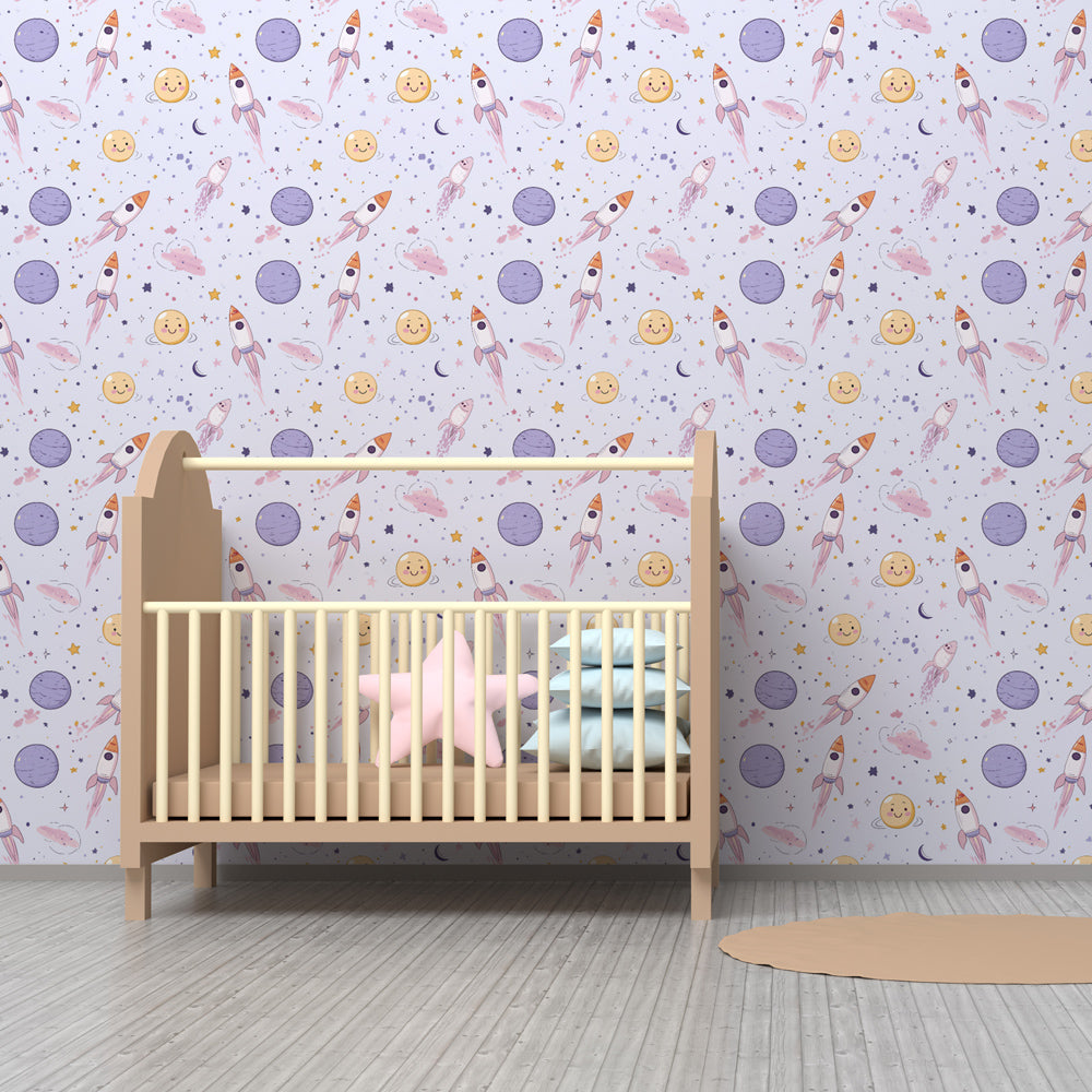 Space-themed mural wallpaper transforming children's playroom into intergalactic adventure zone