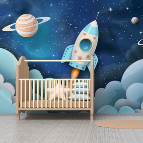 Galaxy rocket ship wallpaper transforming children's playroom into space adventure zone by Kids-Mundo