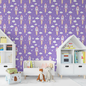 Colorful rocket ships mural wallpaper with hearts and stars for kids playroom decor