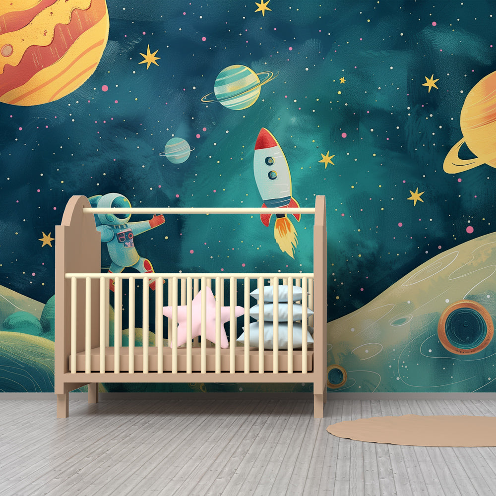 Space adventure mural wallpaper transforming children's playroom into cosmic wonderland