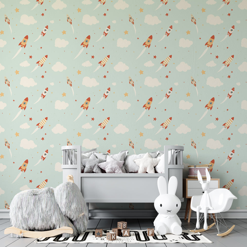 Space adventure mural wallpaper for children's playroom featuring bright rockets and twinkling stars