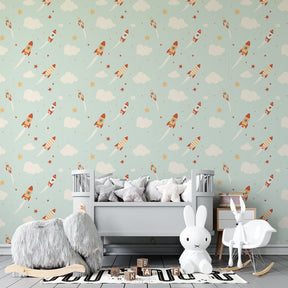 Space adventure mural wallpaper for children's playroom featuring bright rockets and twinkling stars