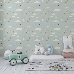 Blue starry sky rocket wallpaper creating inspiring playroom atmosphere for imaginative play
