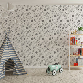 Cosmic rocket mural wallpaper transforming children's playroom into space adventure zone