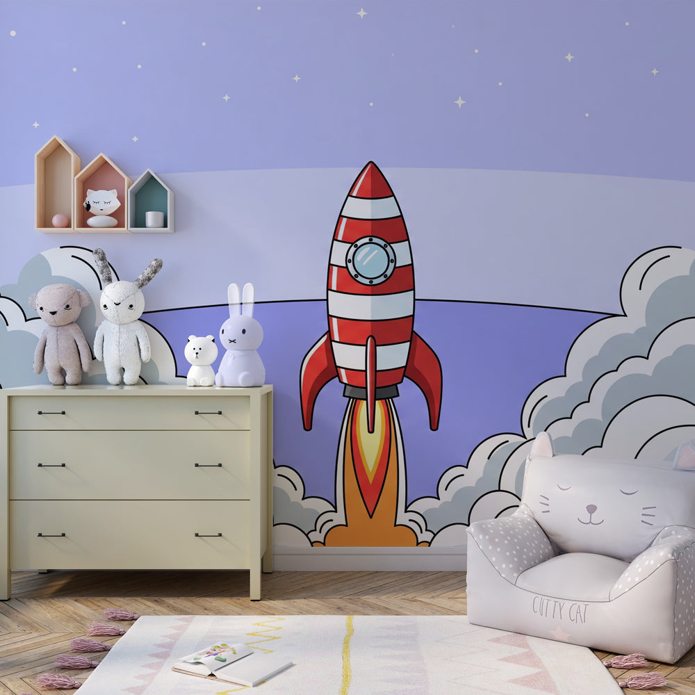 Cloud and rocket ship wallpaper transforming playroom into space exploration center