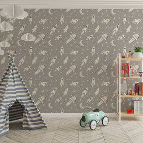 Colorful space rocket mural wallpaper transforming kids playroom into cosmic adventure