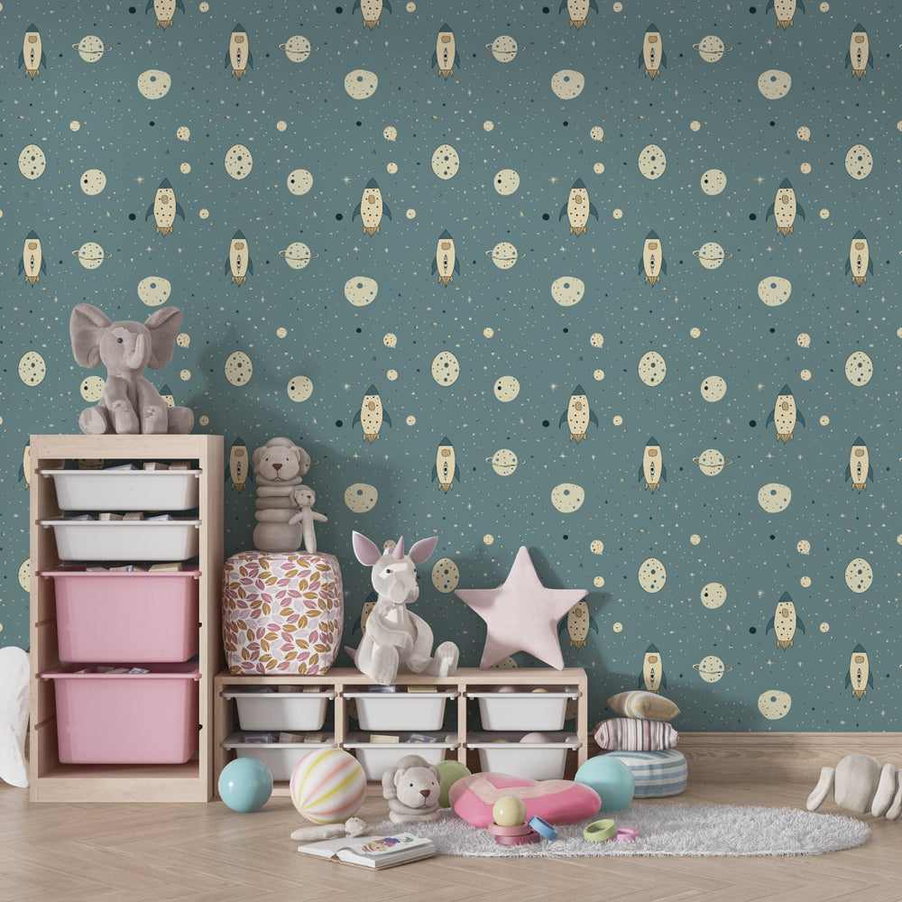 Children's space rocket wallpaper creating cosmic adventure theme in playroom