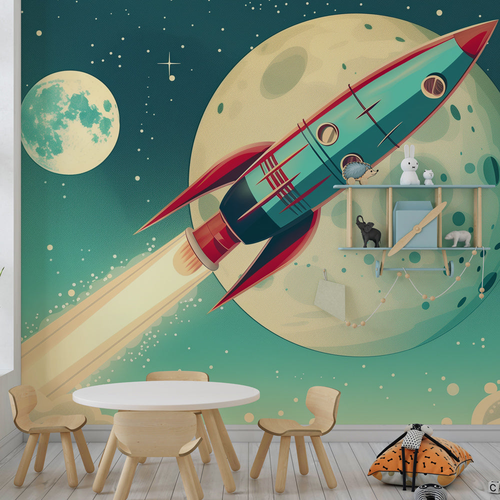 Children's space adventure mural wallpaper with vintage rocket and lunar scene by Kids-Mundo