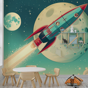 Children's space adventure mural wallpaper with vintage rocket and lunar scene by Kids-Mundo