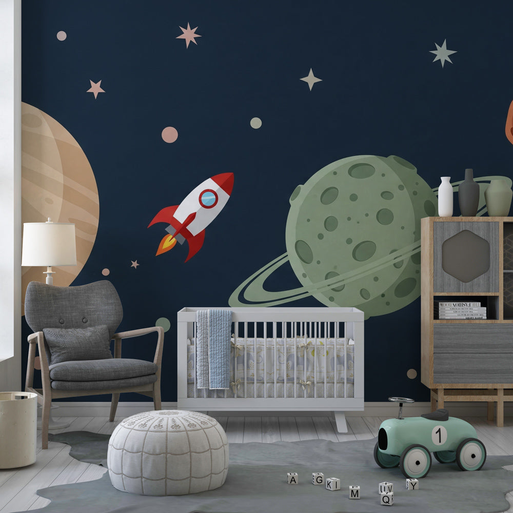 Cosmic adventure mural wallpaper inspiring imaginative play in children's room by Kids-Mundo