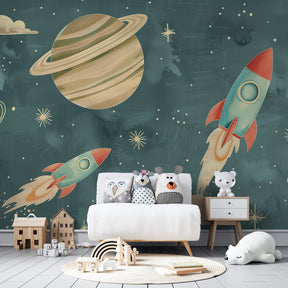 Retro rocket and planets wallpaper transforming children's playroom into space station