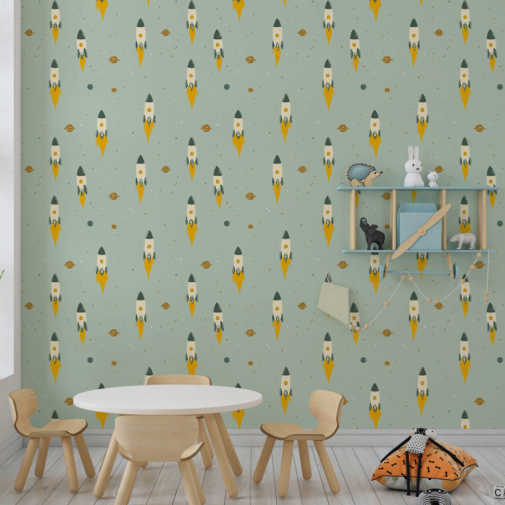 Children's space wallpaper featuring rockets and planets in bright playroom setting