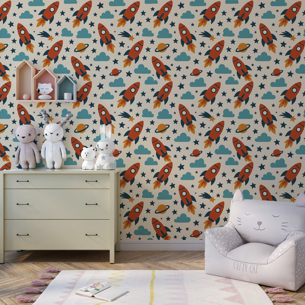 Children's space wallpaper transforming playroom into galactic adventure zone by Kids-Mundo