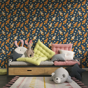 Galaxy adventure mural wallpaper transforming children's playroom into space theme by Kids-Mundo