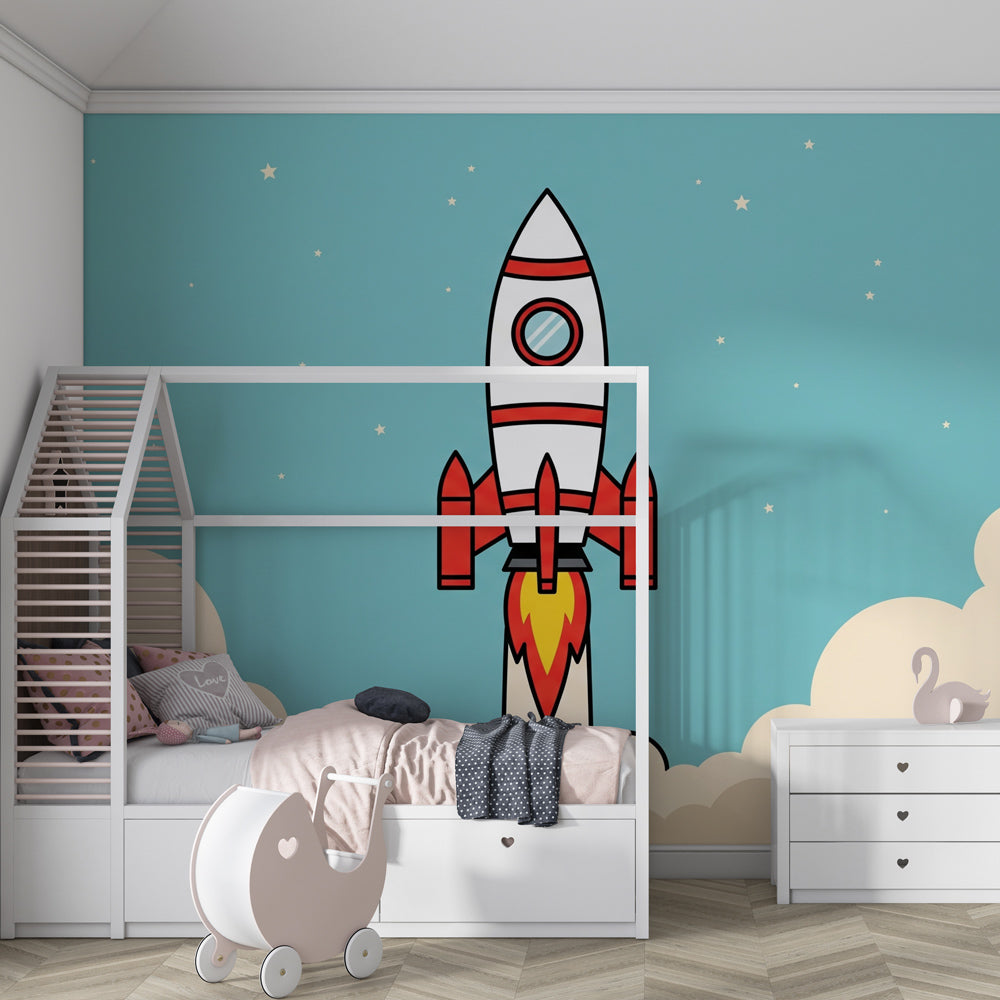 Space themed mural wallpaper for children's playroom featuring rocket and blue sky