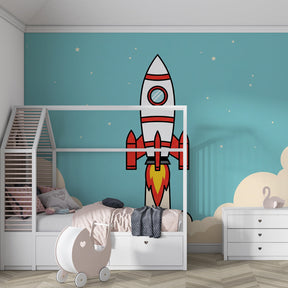 Space themed mural wallpaper for children's playroom featuring rocket and blue sky