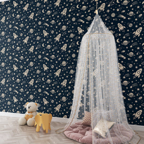 Galaxy mural wallpaper with rockets and planets decorating modern children's playroom