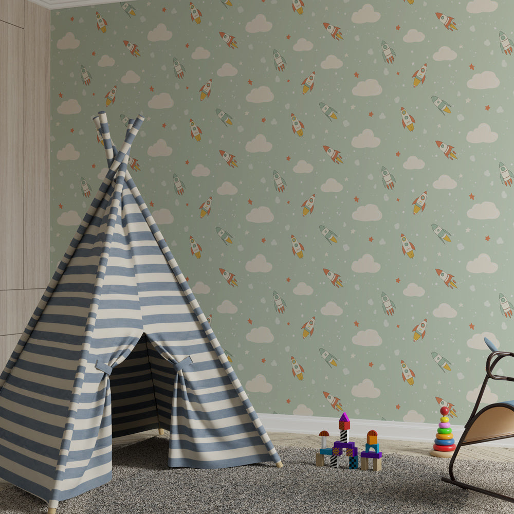 Vibrant space rocket wallpaper transforming playroom into galactic exploration zone