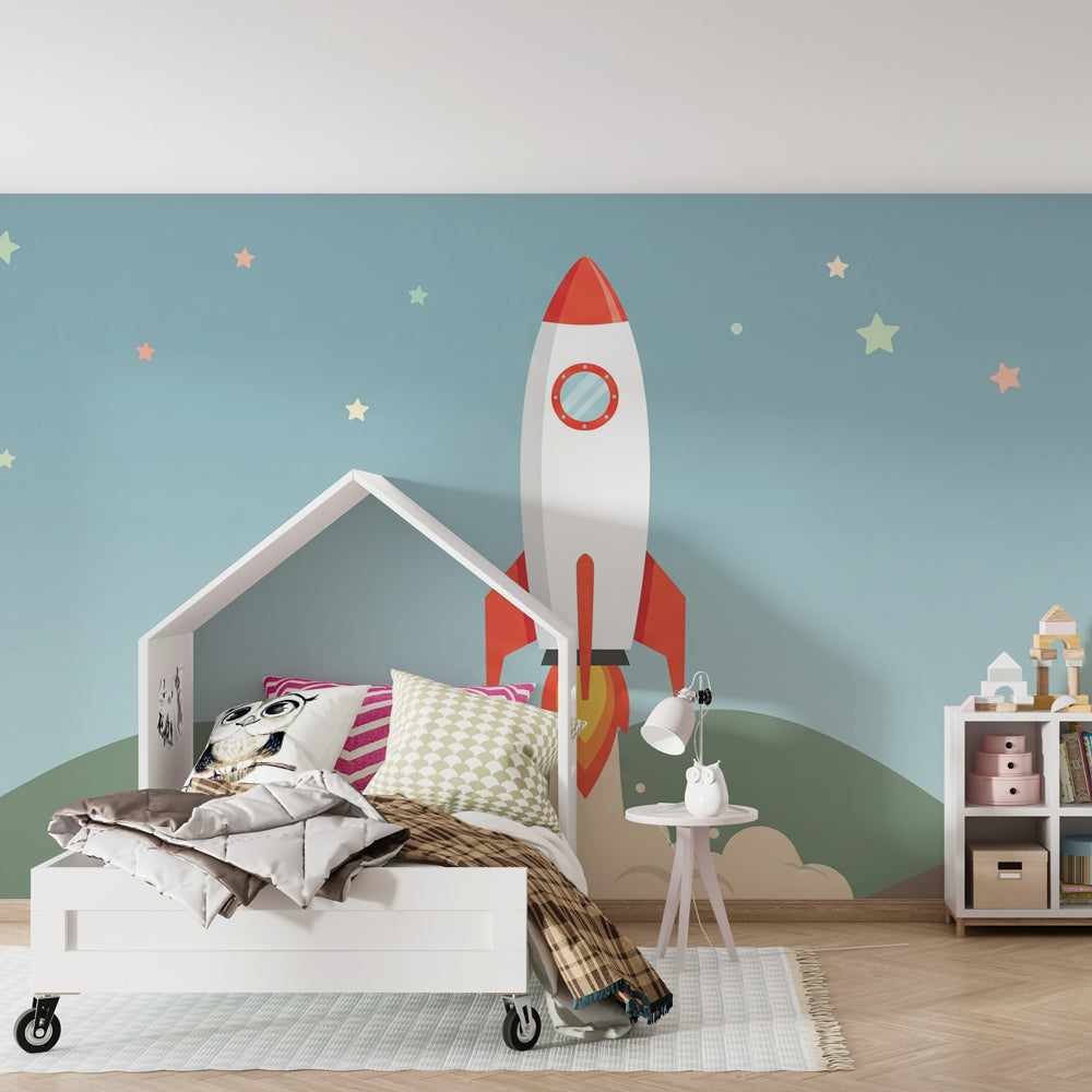 Children's space wallpaper in playroom setting inspiring astronaut adventures by Kids-Mundo
