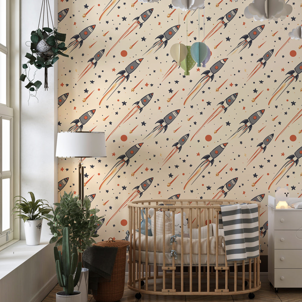 Beige space rocket wallpaper inspiring imagination in children's playroom decor