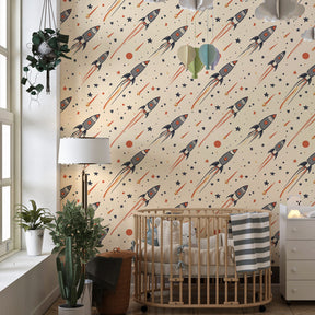 Beige space rocket wallpaper inspiring imagination in children's playroom decor