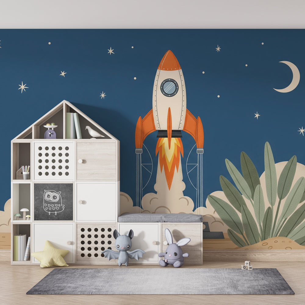 Children's space themed playroom featuring rocket mural wallpaper with moon and stars