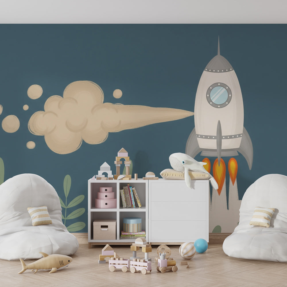 Dynamic space rocket wallpaper with blue cosmic background perfect for children's playroom decor