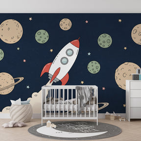 Space-themed mural wallpaper transforming kids playroom into intergalactic adventure zone