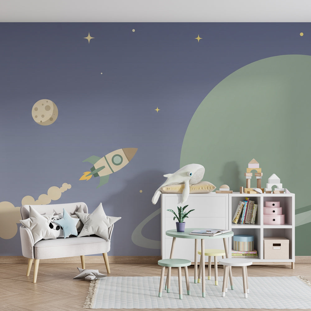 Children's space rocket wallpaper with green planet creating imaginative playroom decor