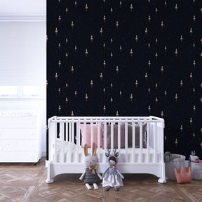 Space adventure mural wallpaper for children's playroom featuring rockets in starry night sky