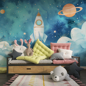 Cosmic rocket wallpaper transforming children's playroom into space exploration zone