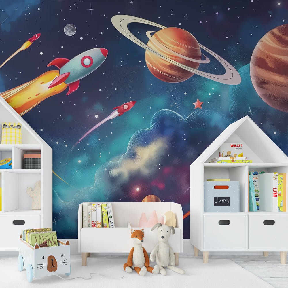 Colorful space rockets and planets mural wallpaper in kids playroom setting