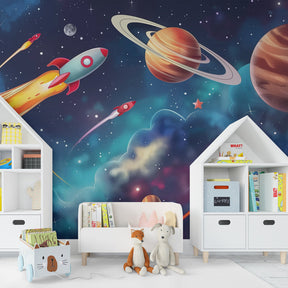 Colorful space rockets and planets mural wallpaper in kids playroom setting