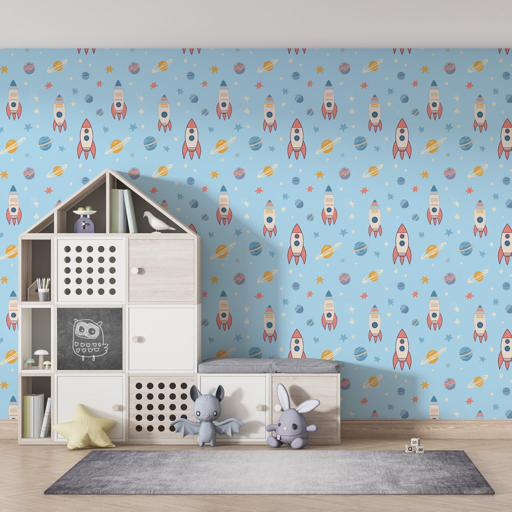 Colorful rocket and planet wallpaper transforming playroom into space adventure zone