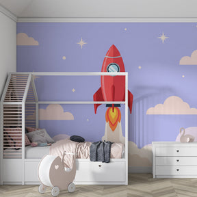 Red rocket and stars wallpaper transforming kids playroom into cosmic adventure space