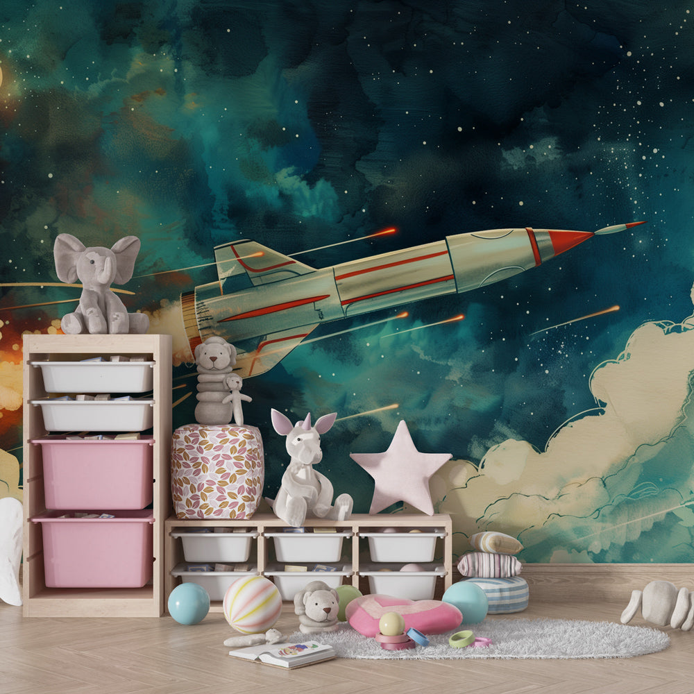 Children's space themed mural wallpaper featuring rocket and stars in playroom setting