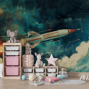 Children's space themed mural wallpaper featuring rocket and stars in playroom setting