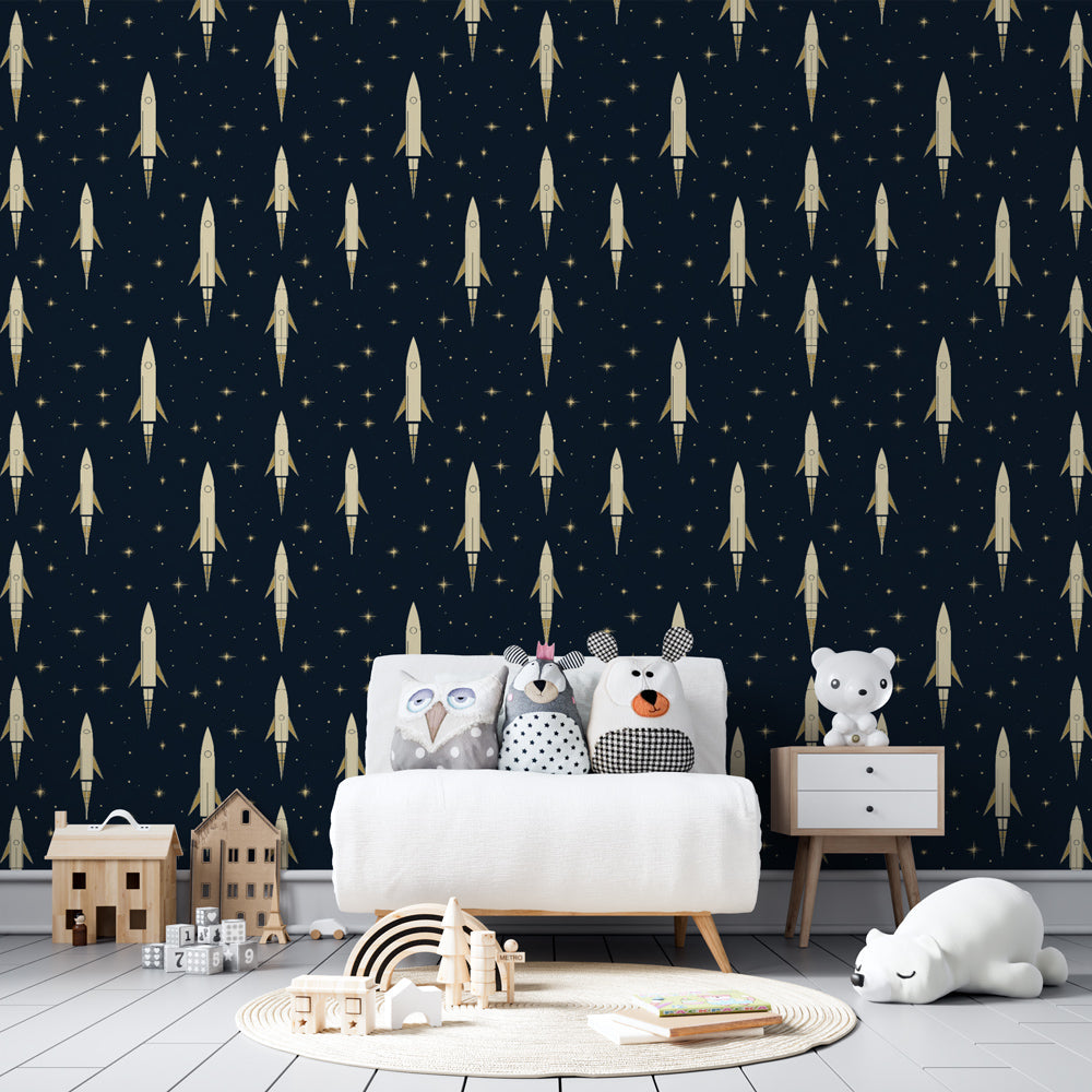 Kids playroom featuring golden rockets on starry night mural wallpaper by Kids-Mundo