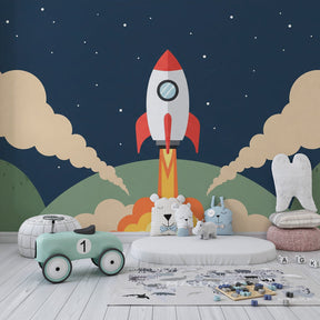 Galaxy themed mural wallpaper installed in bright kids playroom with space adventure decor