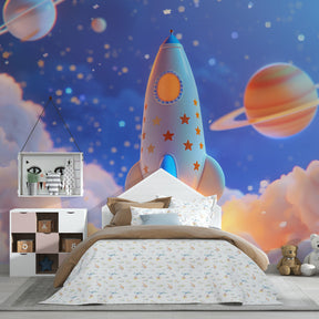 Starry rocket wallpaper transforming children's playroom into magical space adventure scene