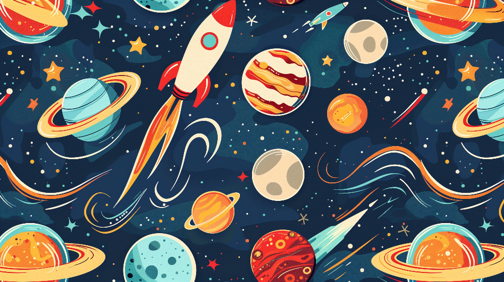 Colourful Space Rocket and Planets Wall Mural