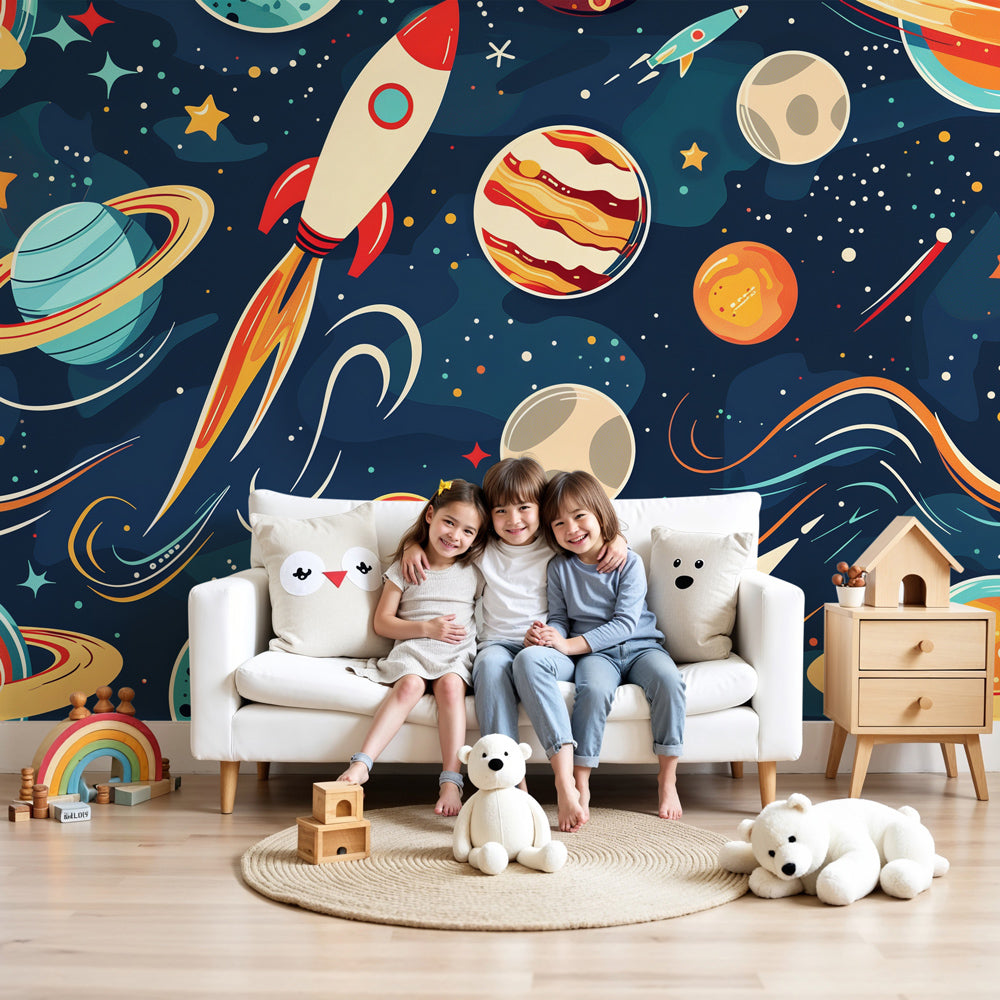 Kids-Mundo space rocket and planets wall mural styled in a colourful navy nursery