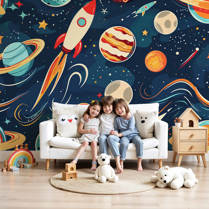 Kids-Mundo space rocket and planets wall mural styled in a colourful navy nursery